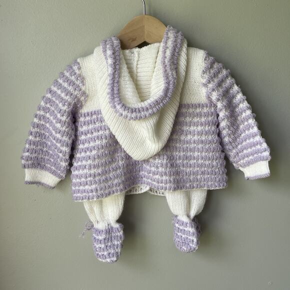 Vintage Baby Girl Outfit Set 9 Months Knitted Purple Embroidered Sweater Set - Picture 2 of 10